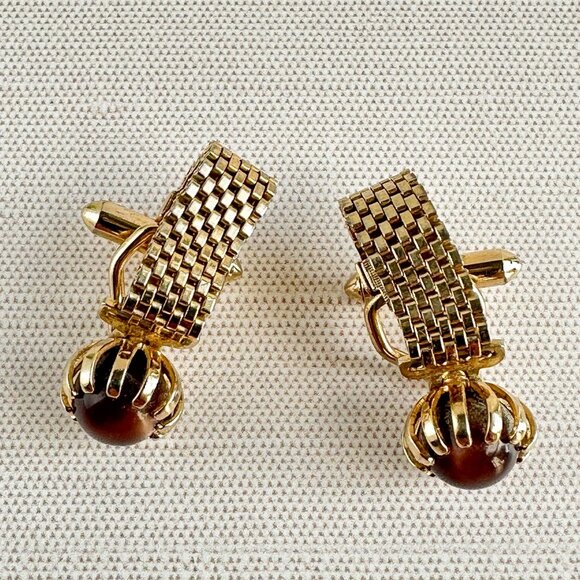 Vintage Mesh Cufflinks Gold Tone Brown Glass Cabochon, Midcentury 1950s 1960s - Picture 2 of 7